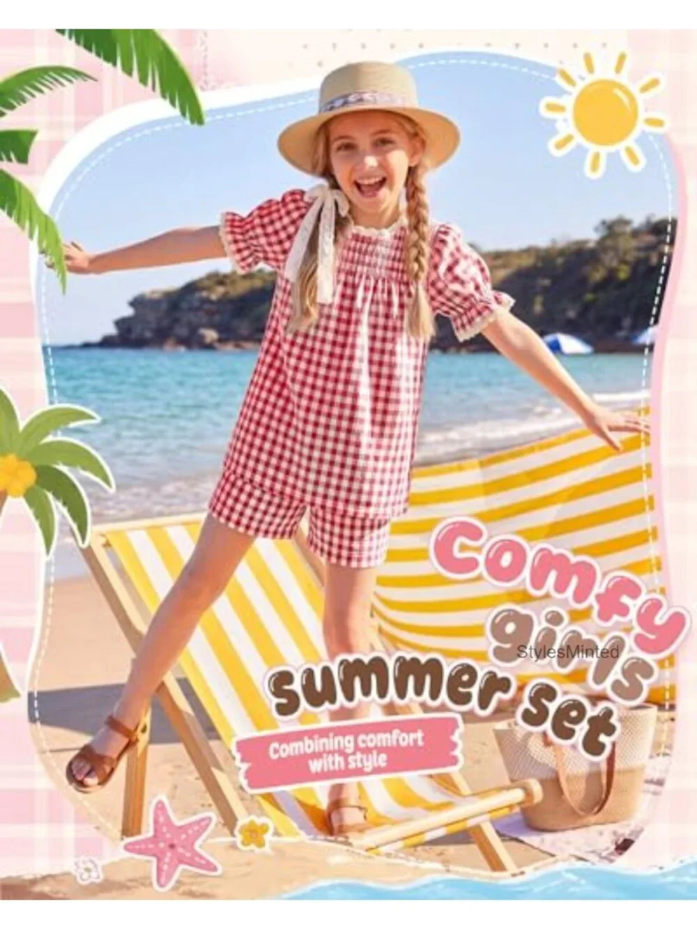 Girls 2 Piece Gingham Short Set with Puff Sleeves and Lace Trim